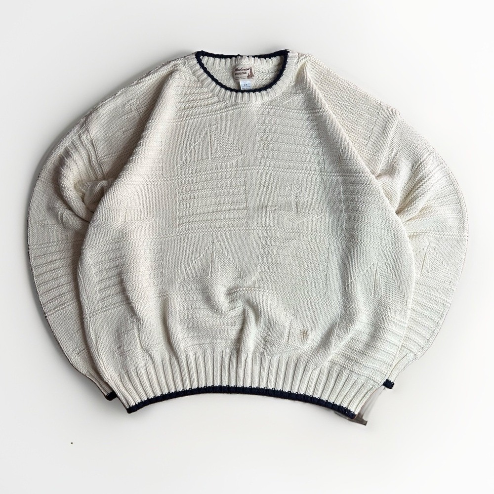 Vintage 90s Mackinaw Woolens Sweater Mens XXL Knit Sailboat Anchor Heavy Cotton